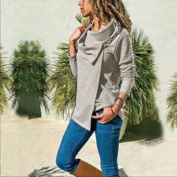 Private Label Tops - NWT Gray Turn Down Collar Buckle Blouse